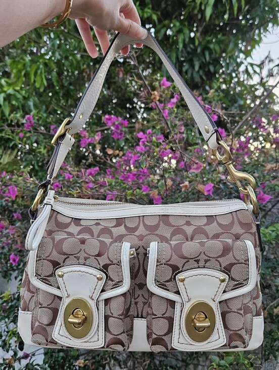 Coach Legacy Signature Double Turnlock Shoulder Bag Cream F12869 Y2K